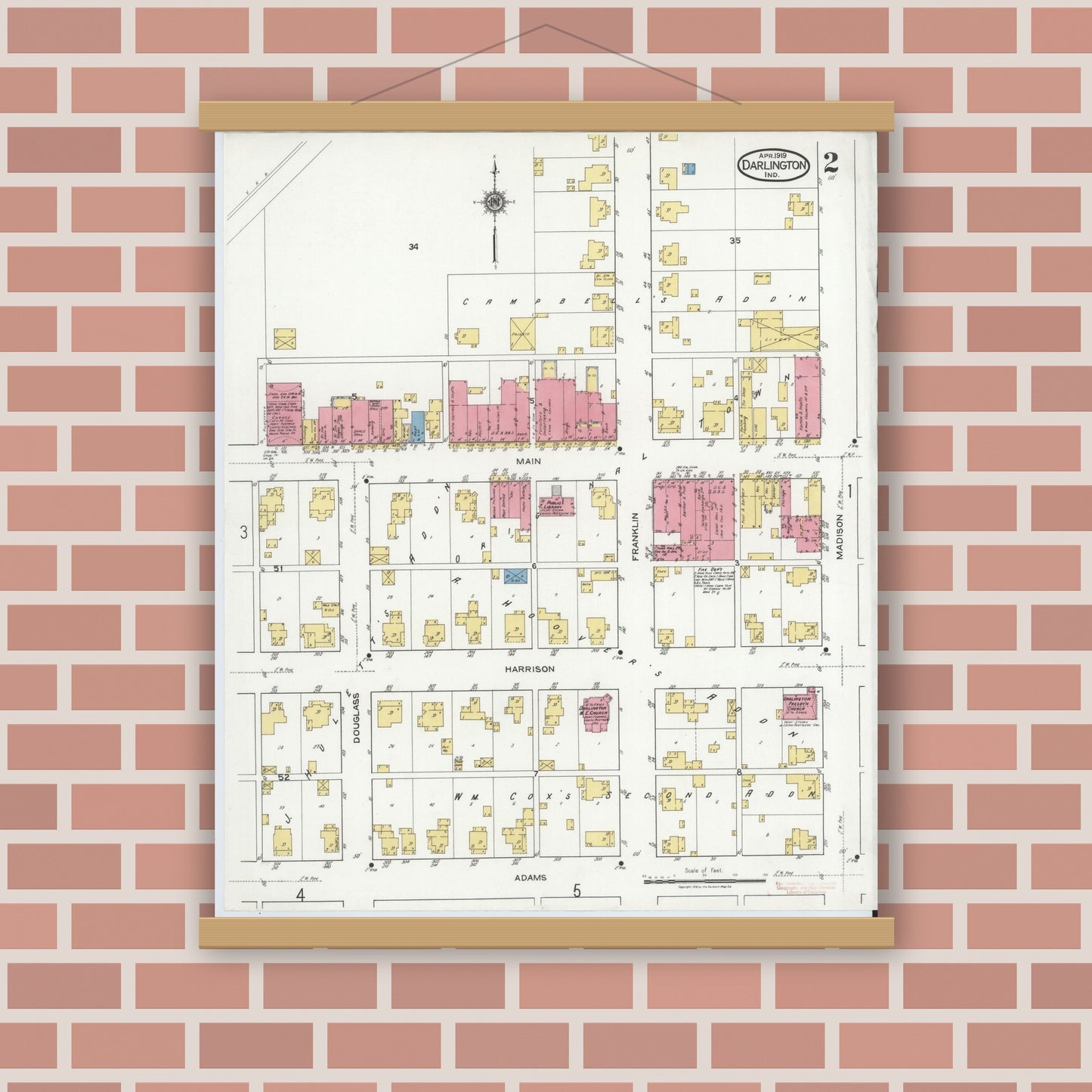 Old map wall art mockup — magnetic wood frame on brick wall — Sanborn Fire Insurance Map from Darlington, Montgomery County, Indiana (1919), Sheet #0002