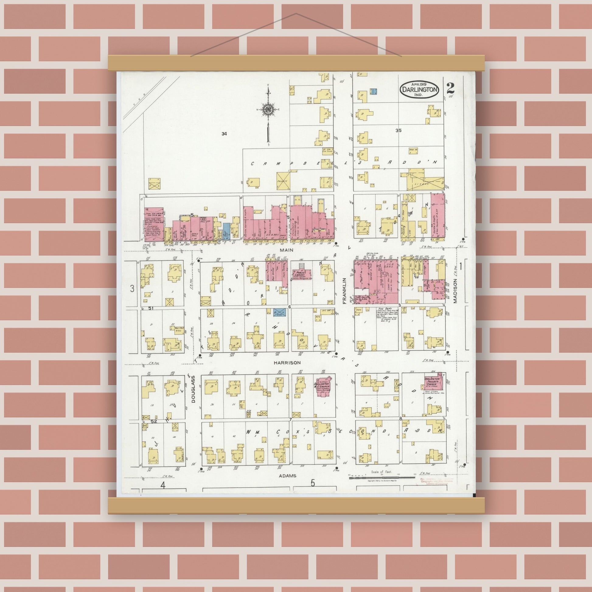 Old map wall art mockup — magnetic wood frame on brick wall — Sanborn Fire Insurance Map from Darlington, Montgomery County, Indiana (1919), Sheet #0002