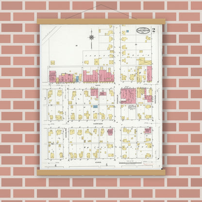 Old map wall art mockup — magnetic wood frame on brick wall — Sanborn Fire Insurance Map from Darlington, Montgomery County, Indiana (1919), Sheet #0002