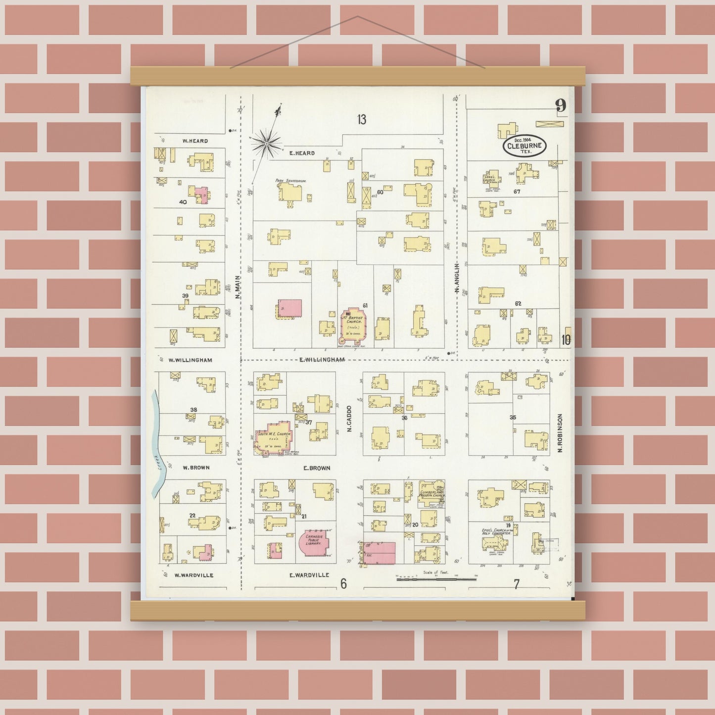 Old map wall art mockup — magnetic wood frame on brick wall — Sanborn Fire Insurance Map from Cleburne, Johnson County, Texas (1904), Sheet #0009