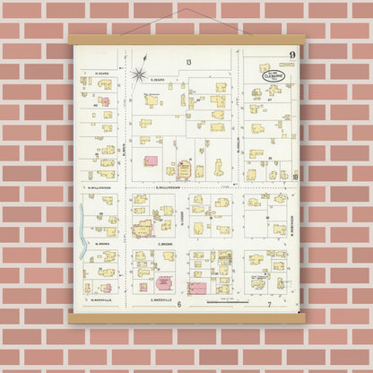 Old map wall art mockup — magnetic wood frame on brick wall — Sanborn Fire Insurance Map from Cleburne, Johnson County, Texas (1904), Sheet #0009