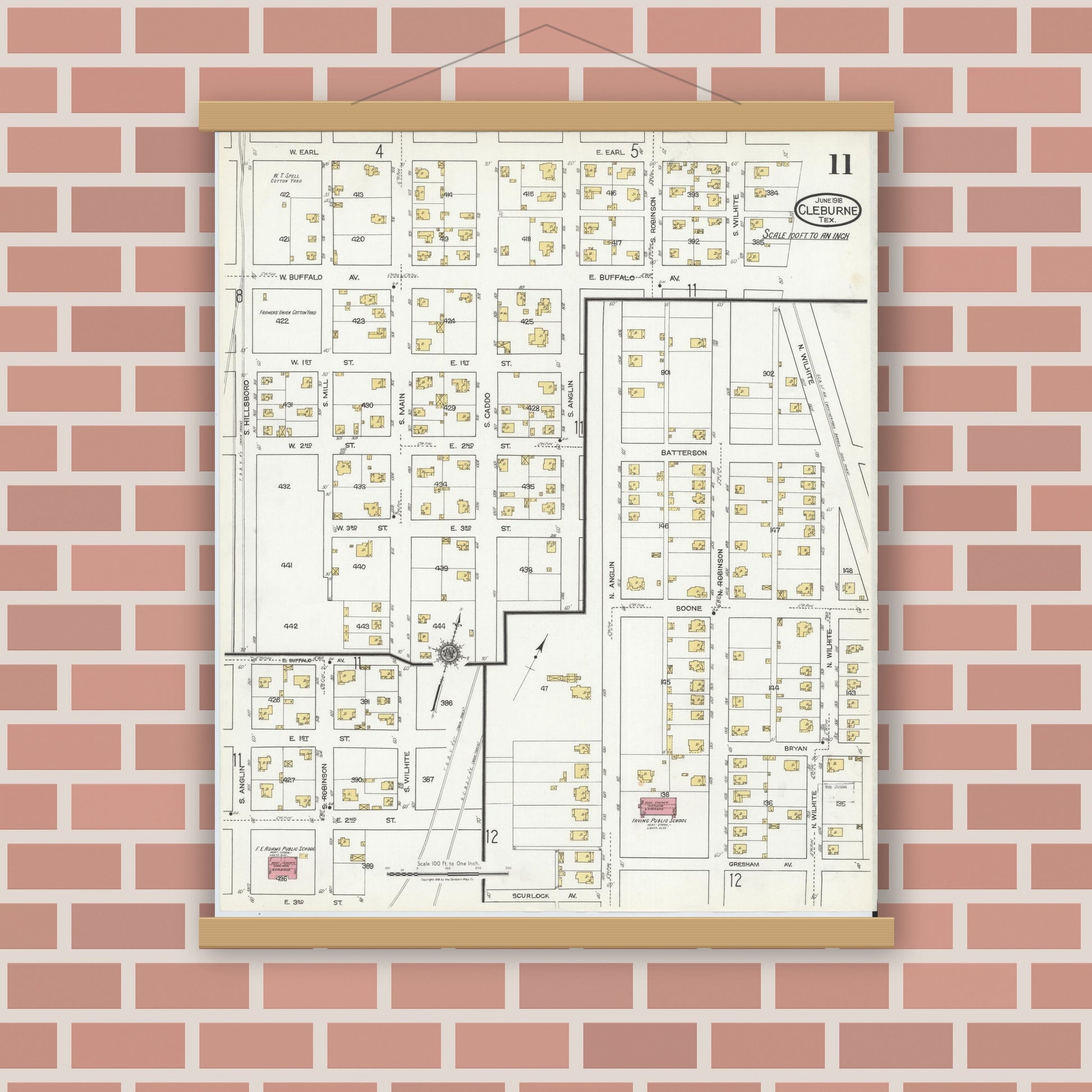 Old map wall art mockup — magnetic wood frame on brick wall — Sanborn Fire Insurance Map from Cleburne, Johnson County, Texas (1918), Sheet #0011