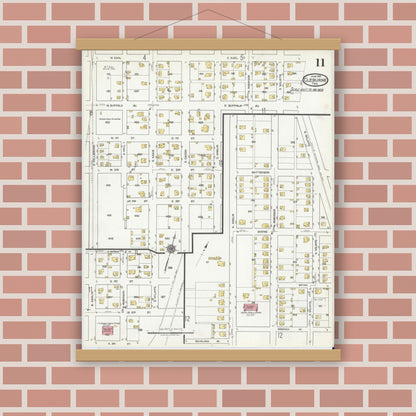 Old map wall art mockup — magnetic wood frame on brick wall — Sanborn Fire Insurance Map from Cleburne, Johnson County, Texas (1918), Sheet #0011