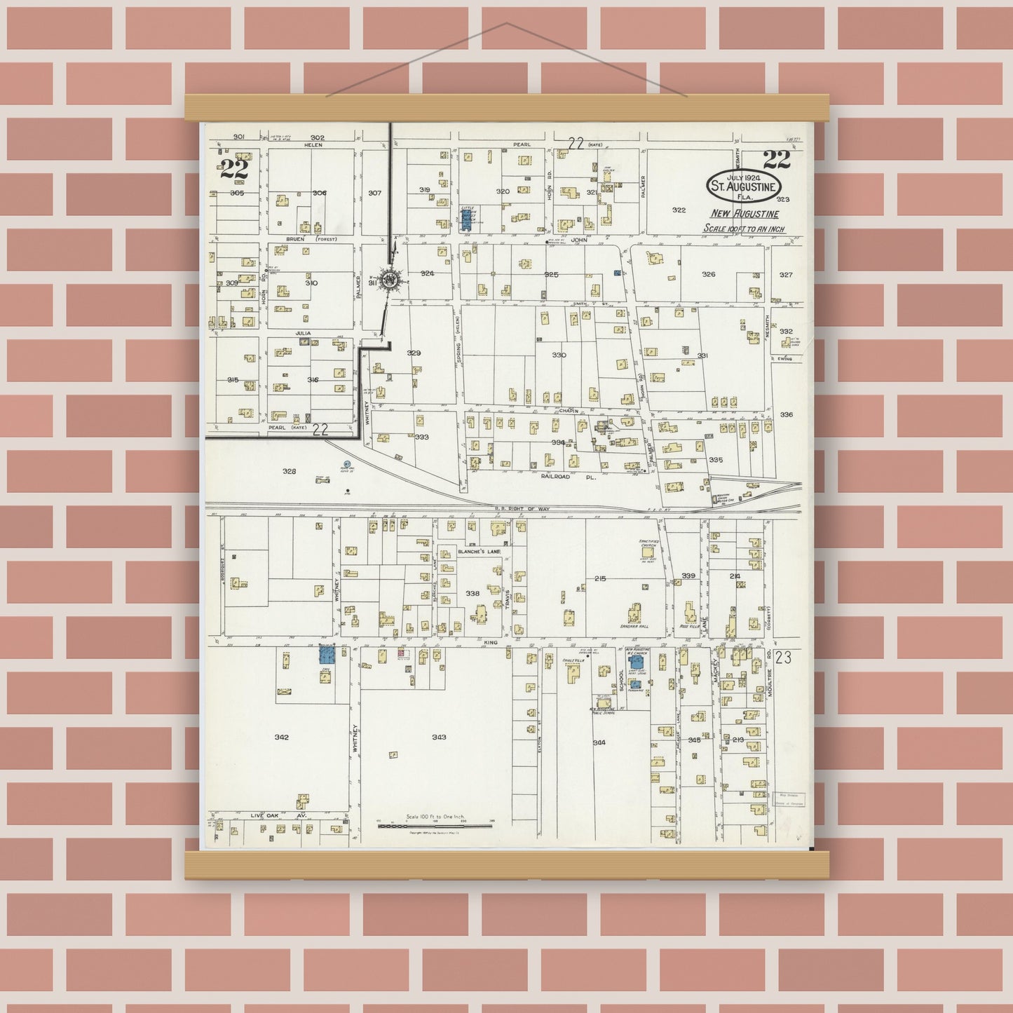 Old map wall art mockup — magnetic wood frame on brick wall — Sanborn Fire Insurance Map from Saint Augustine, Saint John's County, Florida (1924), Sheet #0022