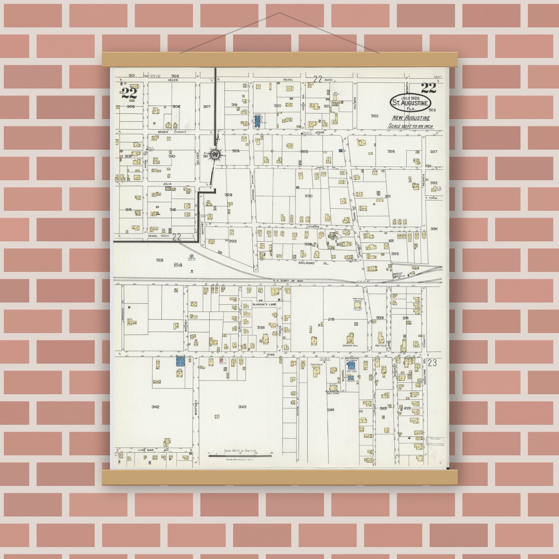 Old map wall art mockup — magnetic wood frame on brick wall — Sanborn Fire Insurance Map from Saint Augustine, Saint John's County, Florida (1924), Sheet #0022