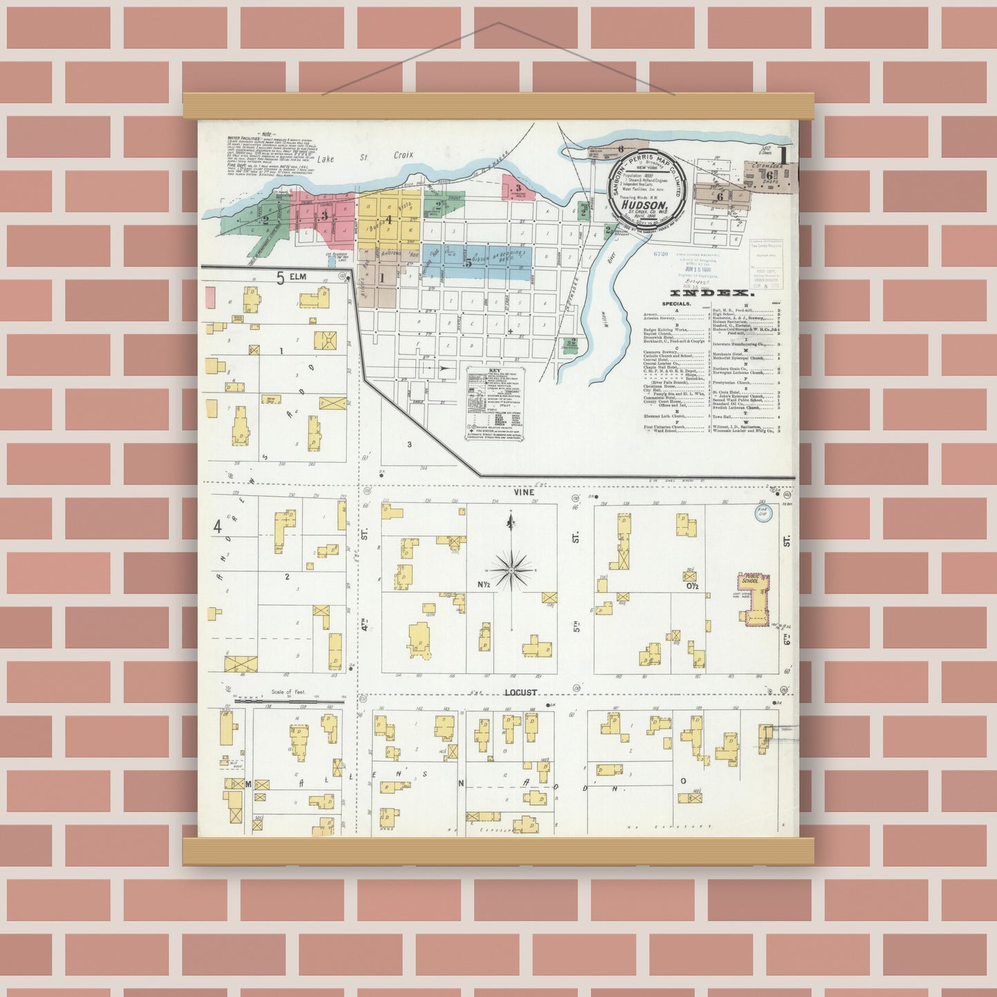Old map wall art mockup — magnetic wood frame on brick wall — Sanborn Fire Insurance Map from Hudson, St. Croix County, Wisconsin (1900), Sheet #0001