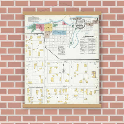 Old map wall art mockup — magnetic wood frame on brick wall — Sanborn Fire Insurance Map from Hudson, St. Croix County, Wisconsin (1900), Sheet #0001