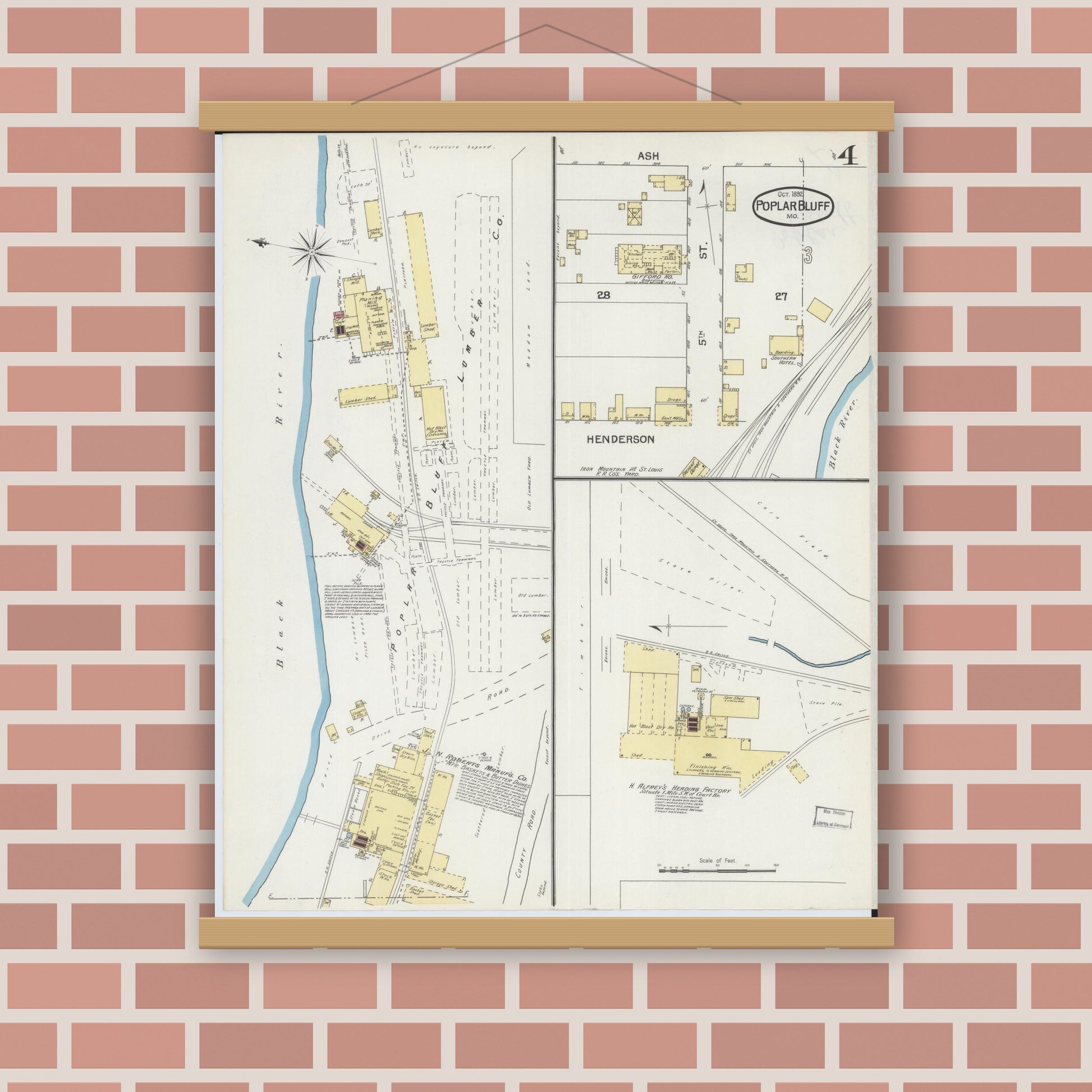 Old map wall art mockup — magnetic wood frame on brick wall — Sanborn Fire Insurance Map from Poplar Bluff, Butler County, Missouri (1892), Sheet #0004