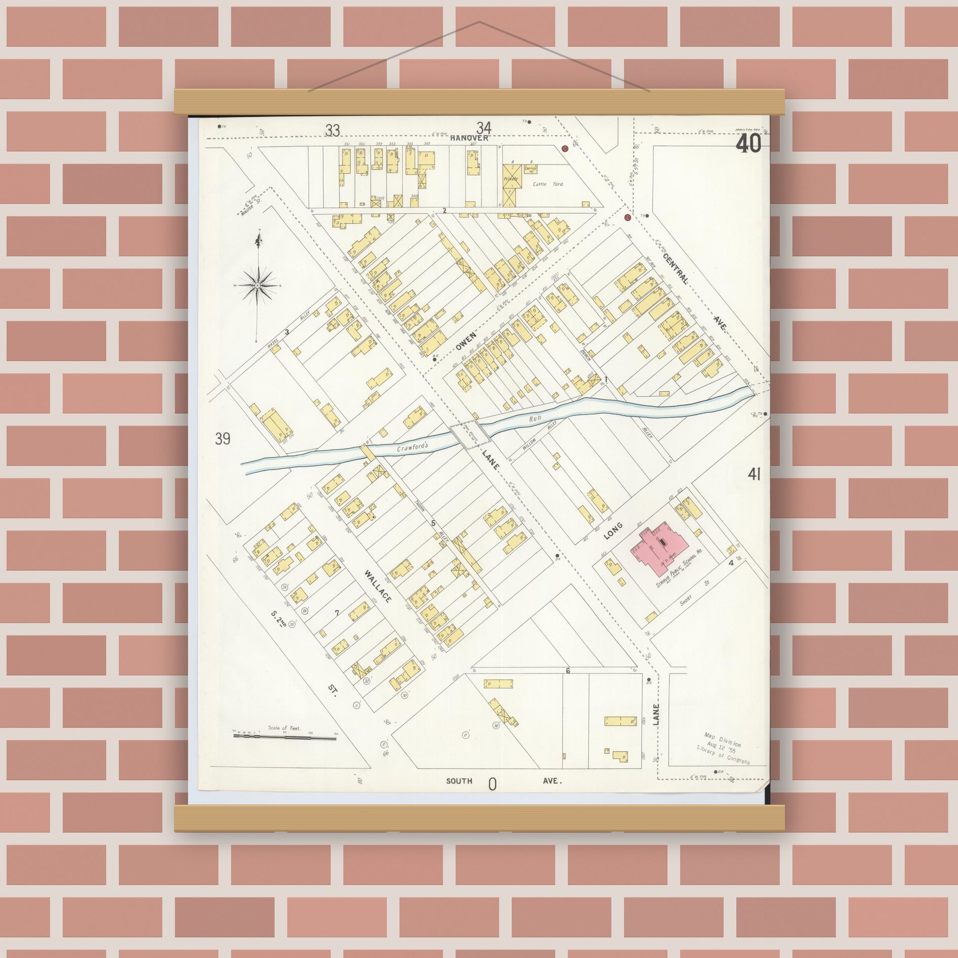 Old map wall art mockup — magnetic wood frame on brick wall — Sanborn Fire Insurance Map from Hamilton, Butler County, Ohio (1899), Sheet #0040