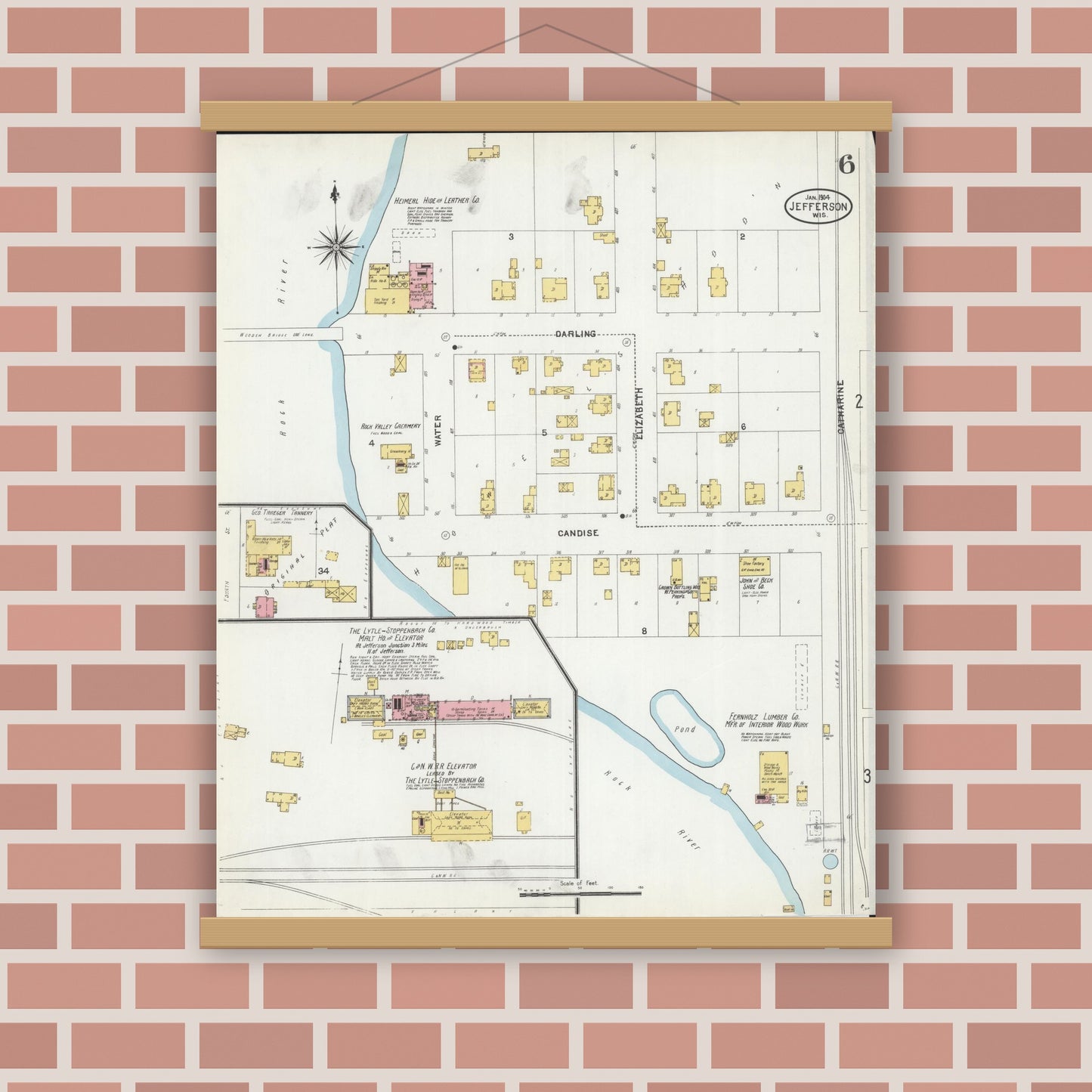 Old map wall art mockup — magnetic wood frame on brick wall — Sanborn Fire Insurance Map from Jefferson, Jefferson County, Wisconsin (1904), Sheet #0006