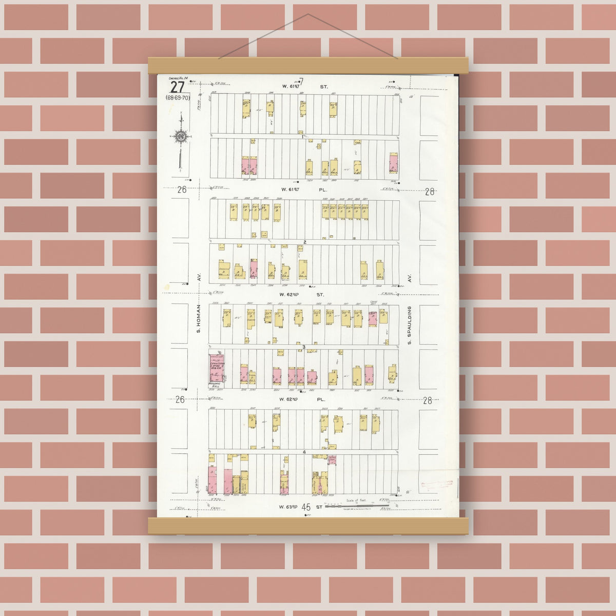 Old map wall art mockup — magnetic wood frame on brick wall — Sanborn Fire Insurance Map from Chicago, Cook County, Illinois (1920), Sheet #0027