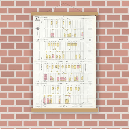 Old map wall art mockup — magnetic wood frame on brick wall — Sanborn Fire Insurance Map from Chicago, Cook County, Illinois (1920), Sheet #0027