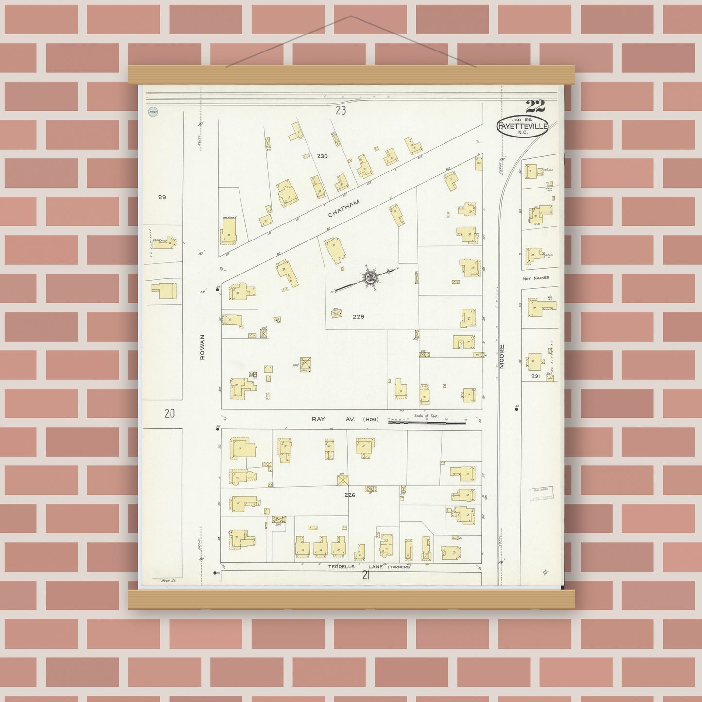 Old map wall art mockup — magnetic wood frame on brick wall — Sanborn Fire Insurance Map from Fayetteville, Cumberland County, North Carolina (1914), Sheet #0022