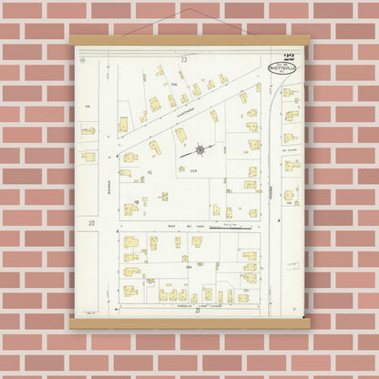 Old map wall art mockup — magnetic wood frame on brick wall — Sanborn Fire Insurance Map from Fayetteville, Cumberland County, North Carolina (1914), Sheet #0022