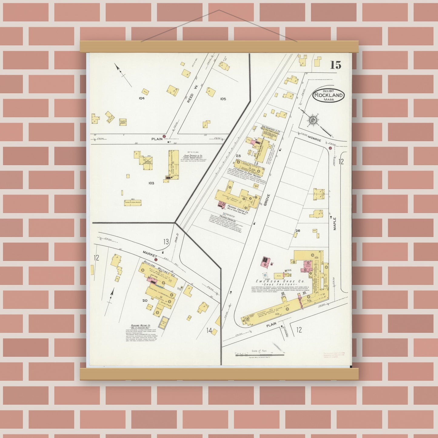 Old map wall art mockup — magnetic wood frame on brick wall — Sanborn Fire Insurance Map from Rockland, Plymouth County, Massachusetts (1917), Sheet #0015