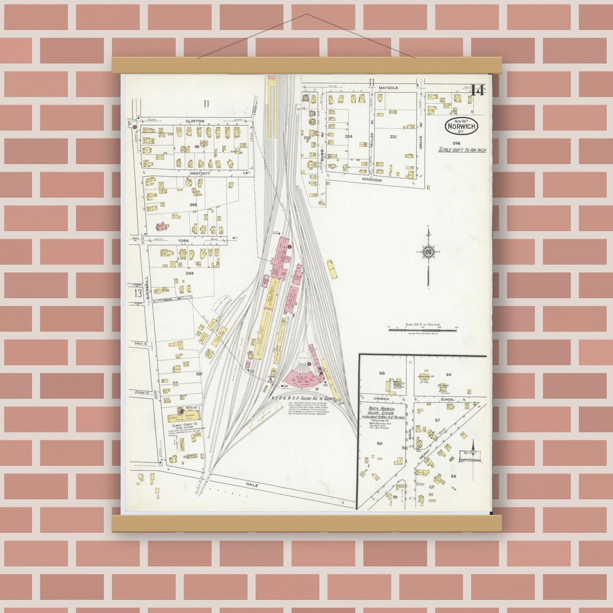 Old map wall art mockup — magnetic wood frame on brick wall — Sanborn Fire Insurance Map from Norwich, Chenango County, New York (1917), Sheet #0014