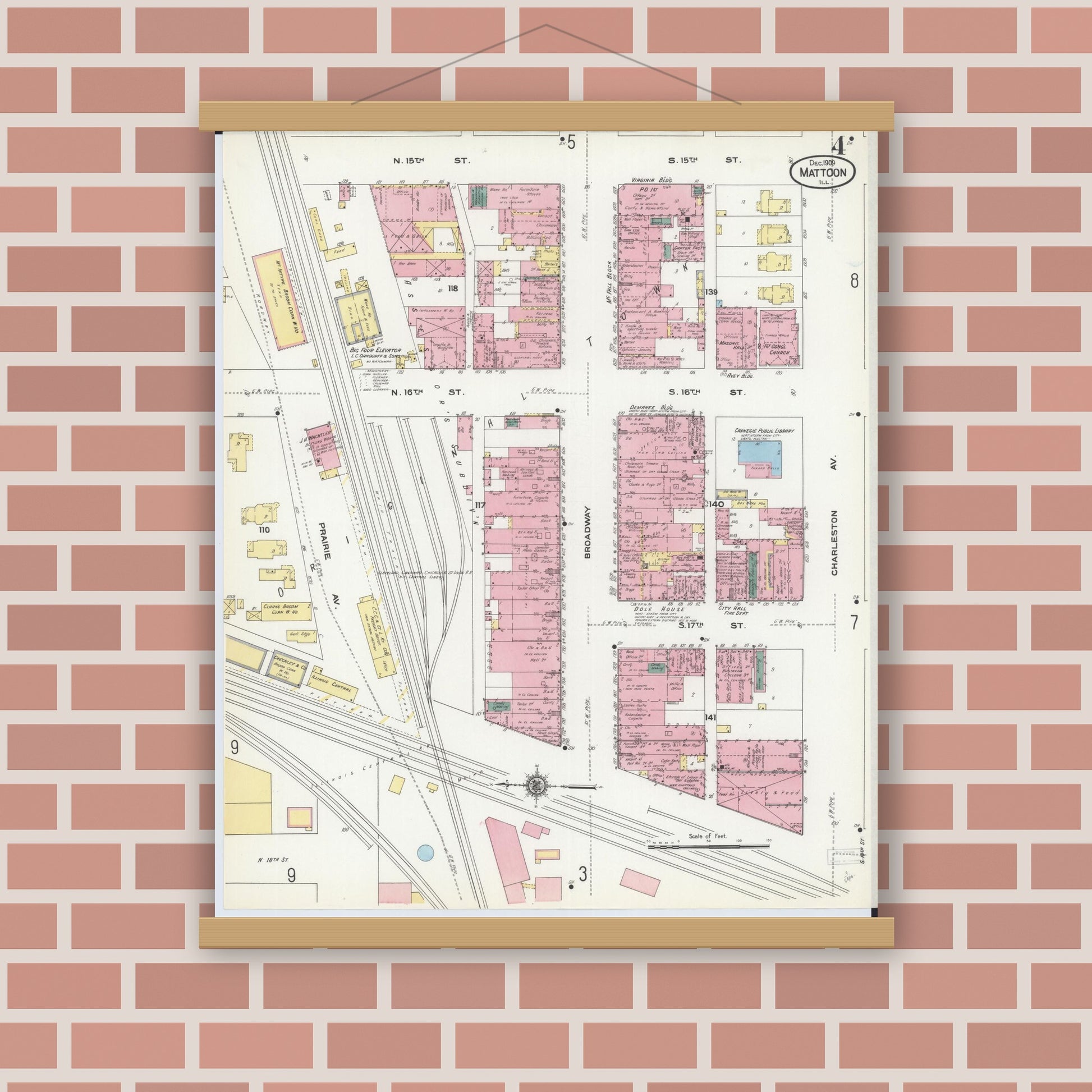 Old map wall art mockup — magnetic wood frame on brick wall — Sanborn Fire Insurance Map from Mattoon, Coles County, Illinois (1909), Sheet #0004
