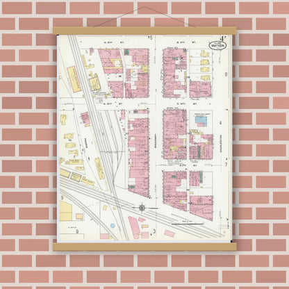 Old map wall art mockup — magnetic wood frame on brick wall — Sanborn Fire Insurance Map from Mattoon, Coles County, Illinois (1909), Sheet #0004