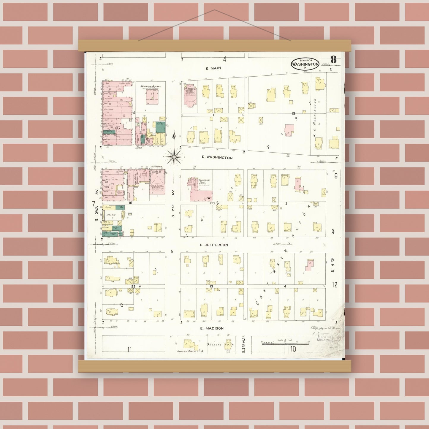 Old map wall art mockup — magnetic wood frame on brick wall — Sanborn Fire Insurance Map from Washington, Washington County, Iowa (1909), Sheet #0008