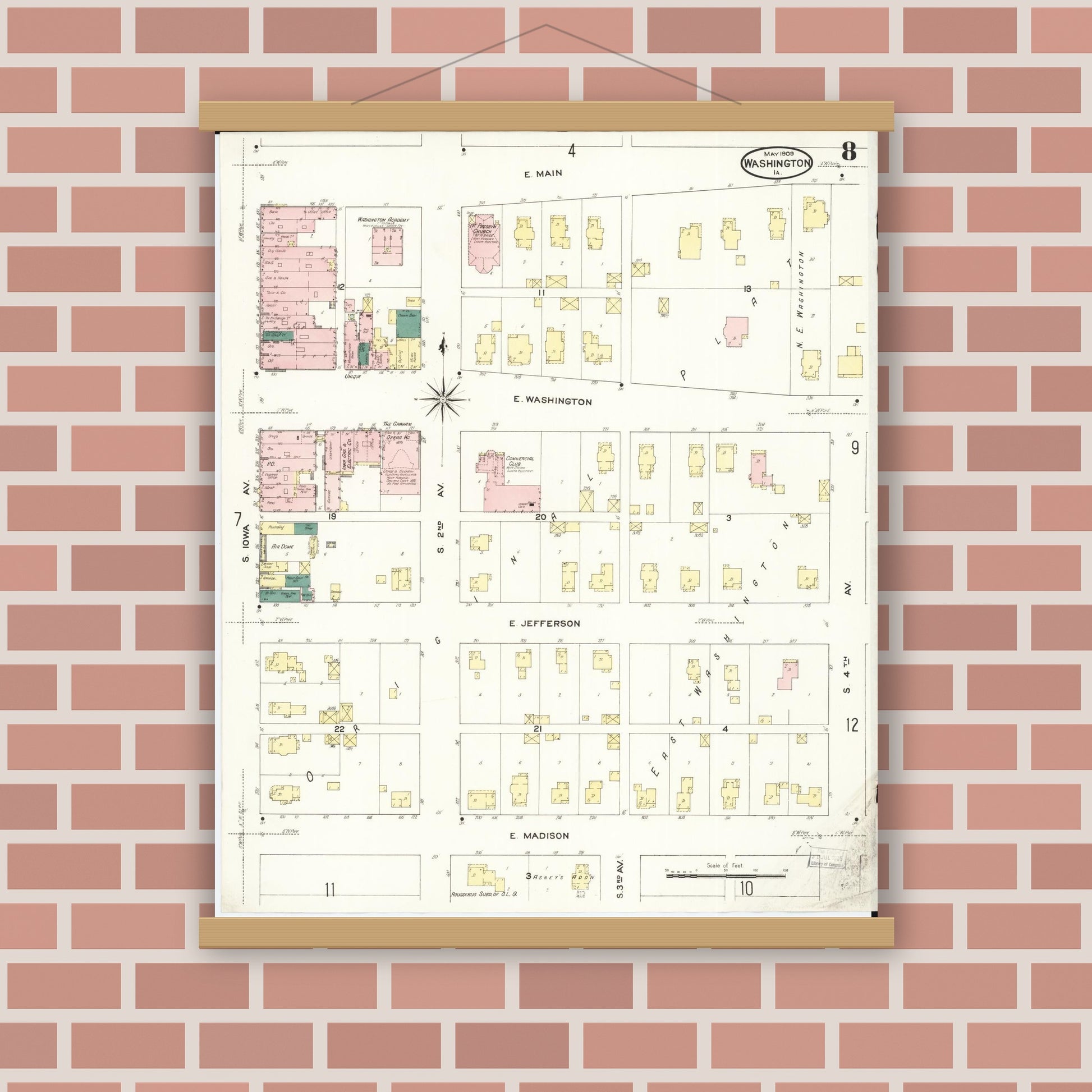 Old map wall art mockup — magnetic wood frame on brick wall — Sanborn Fire Insurance Map from Washington, Washington County, Iowa (1909), Sheet #0008
