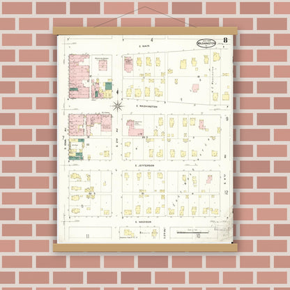 Old map wall art mockup — magnetic wood frame on brick wall — Sanborn Fire Insurance Map from Washington, Washington County, Iowa (1909), Sheet #0008
