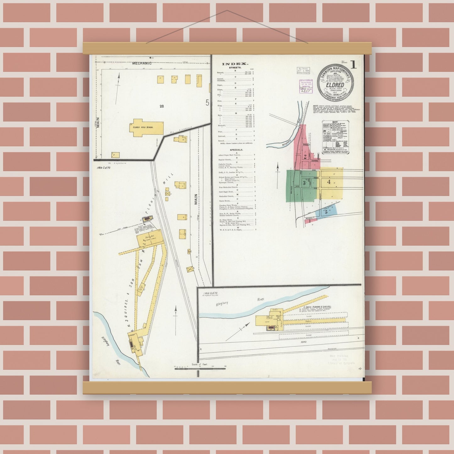 Old map wall art mockup — magnetic wood frame on brick wall — Sanborn Fire Insurance Map from Eldred, McKean County, Pennsylvania (1904) - Complete Map Set