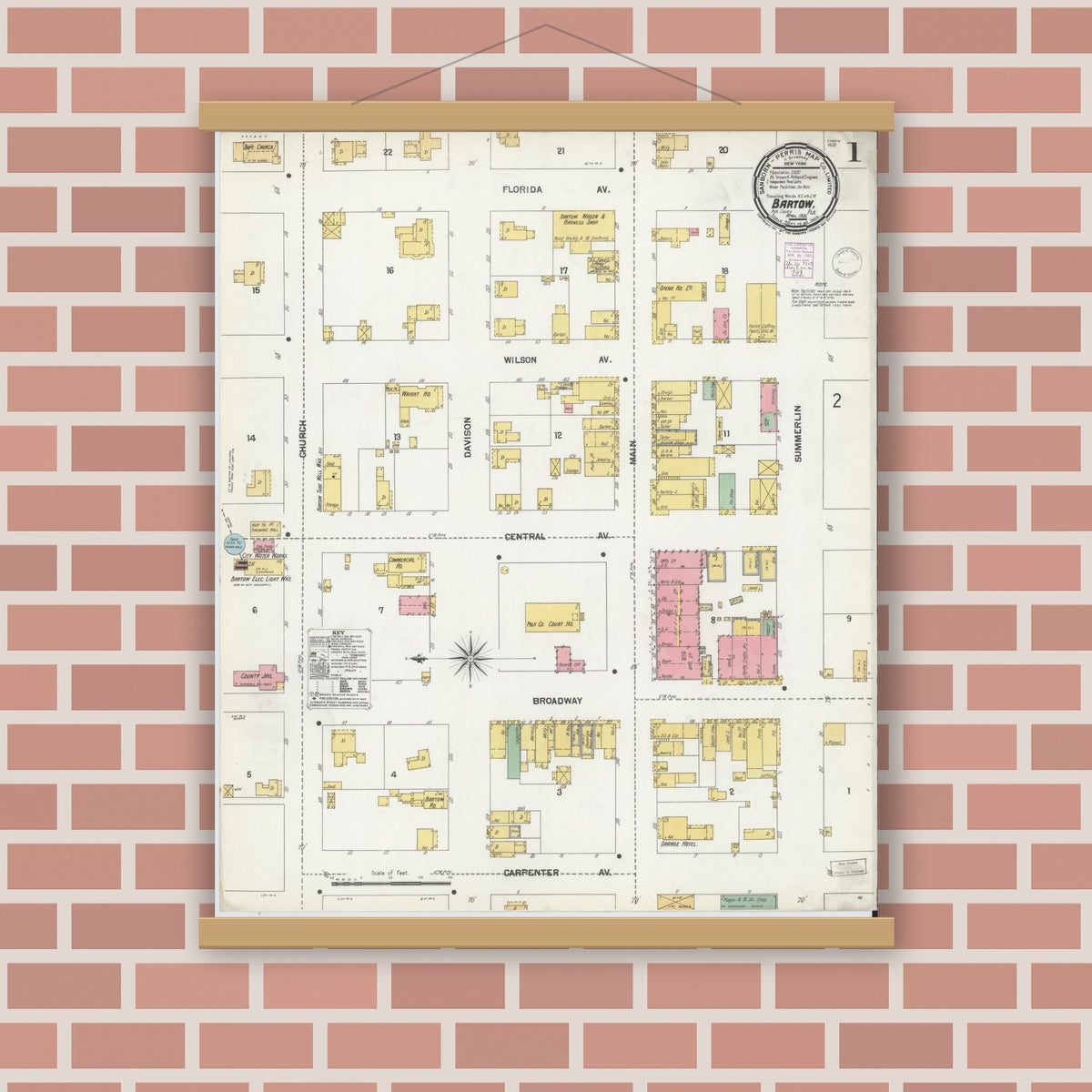 Old map wall art mockup — magnetic wood frame on brick wall — Sanborn Fire Insurance Map from Bartow, Polk County, Florida (1901), Sheet #0001