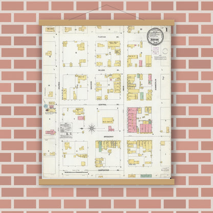 Old map wall art mockup — magnetic wood frame on brick wall — Sanborn Fire Insurance Map from Bartow, Polk County, Florida (1901), Sheet #0001