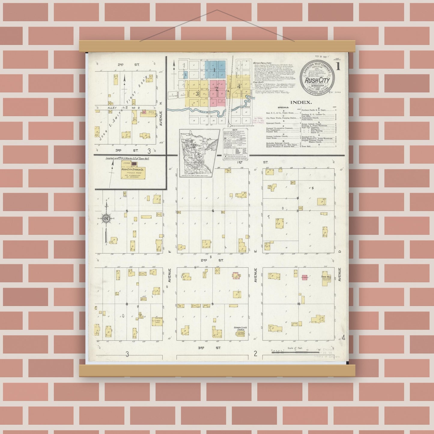 Old map wall art mockup — magnetic wood frame on brick wall — Sanborn Fire Insurance Map from Rush City, Chisago County, Minnesota (1912) - Complete Map Set