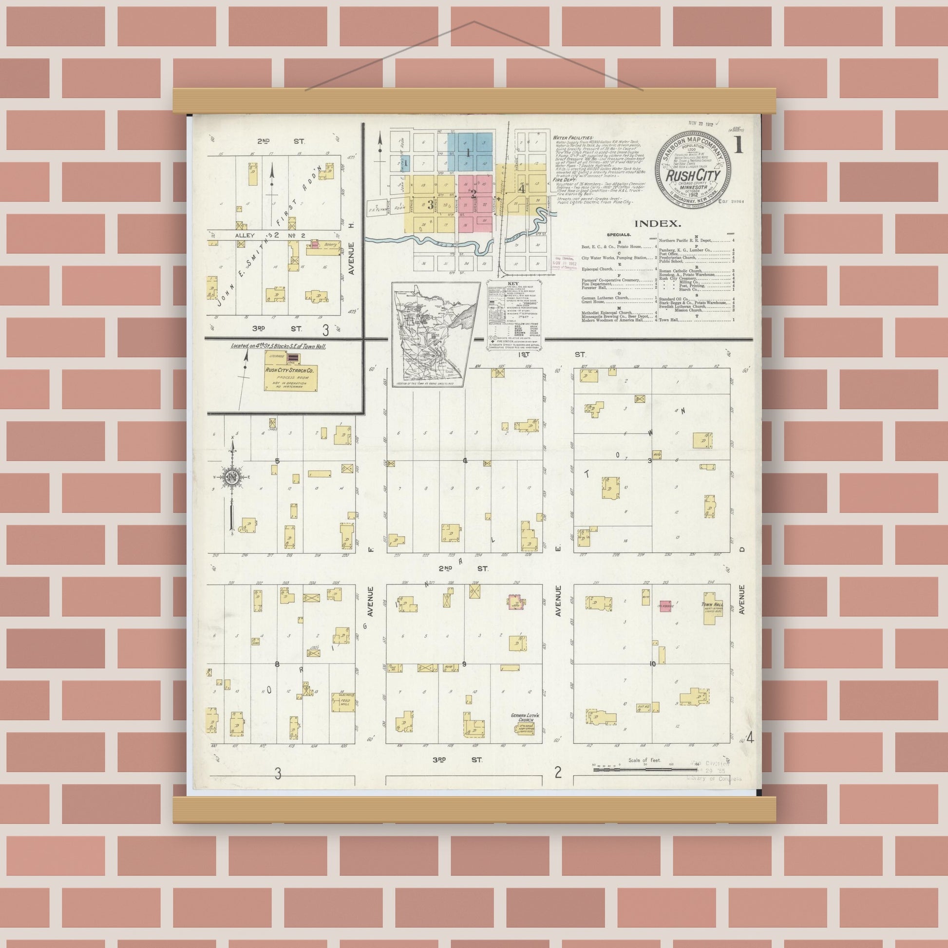 Old map wall art mockup — magnetic wood frame on brick wall — Sanborn Fire Insurance Map from Rush City, Chisago County, Minnesota (1912) - Complete Map Set