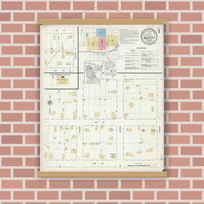 Old map wall art mockup — magnetic wood frame on brick wall — Sanborn Fire Insurance Map from Rush City, Chisago County, Minnesota (1912) - Complete Map Set