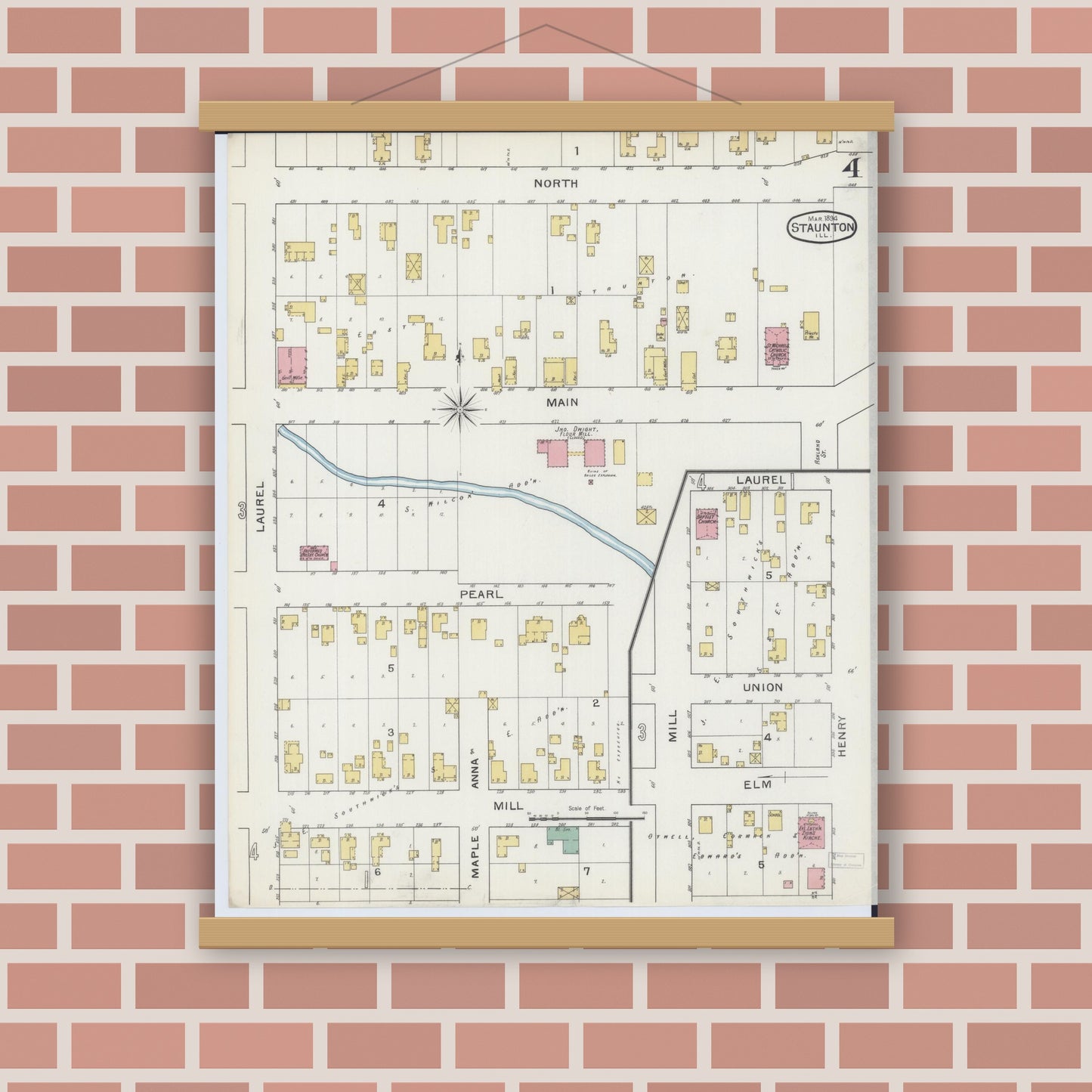 Old map wall art mockup — magnetic wood frame on brick wall — Sanborn Fire Insurance Map from Staunton, Macoupin County, Illinois (1894), Sheet #0004