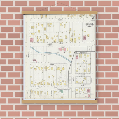 Old map wall art mockup — magnetic wood frame on brick wall — Sanborn Fire Insurance Map from Staunton, Macoupin County, Illinois (1894), Sheet #0004