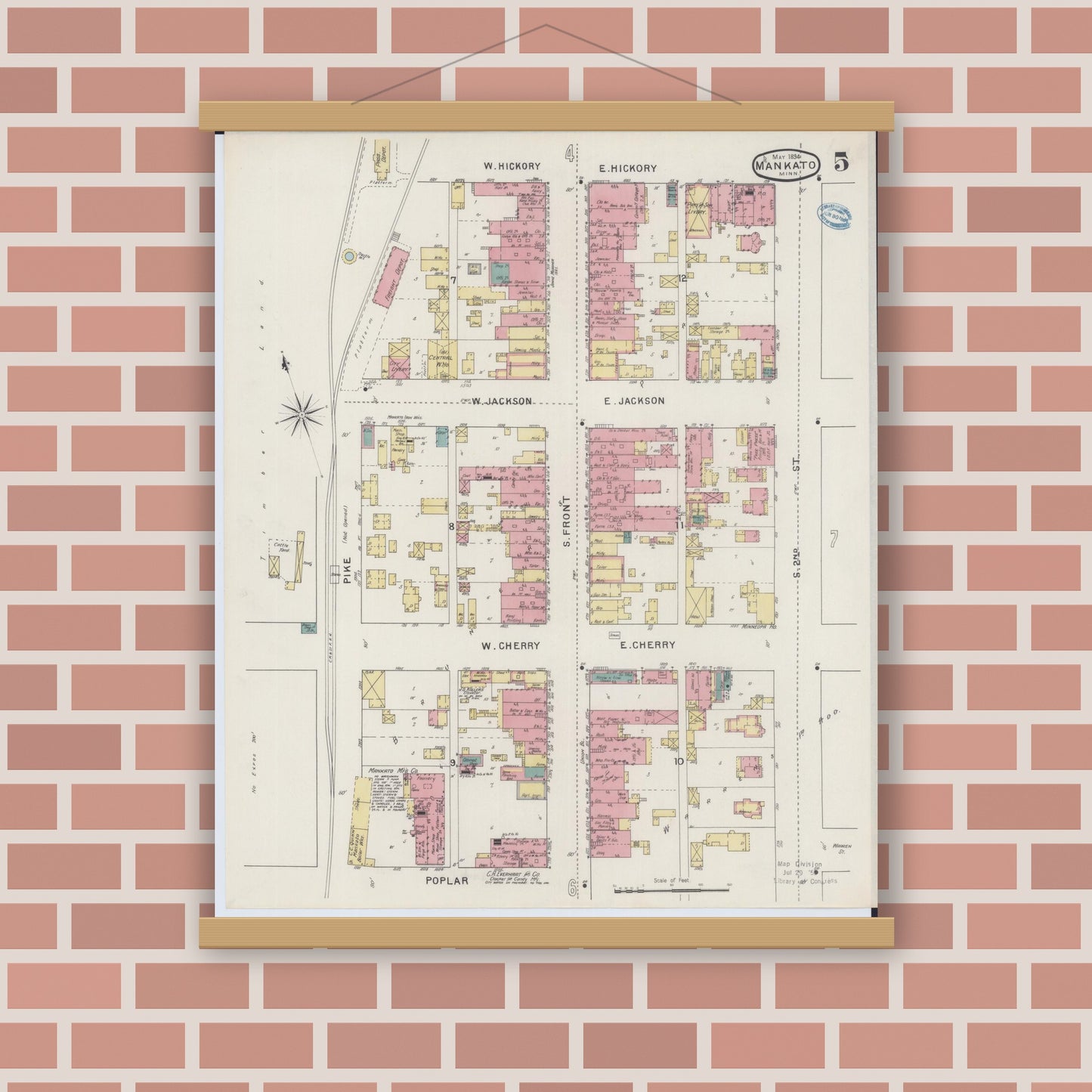 Old map wall art mockup — magnetic wood frame on brick wall — Sanborn Fire Insurance Map from Mankato, Blue Earth County, Minnesota (1894), Sheet #0005