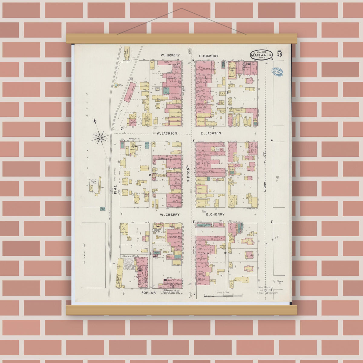 Old map wall art mockup — magnetic wood frame on brick wall — Sanborn Fire Insurance Map from Mankato, Blue Earth County, Minnesota (1894), Sheet #0005