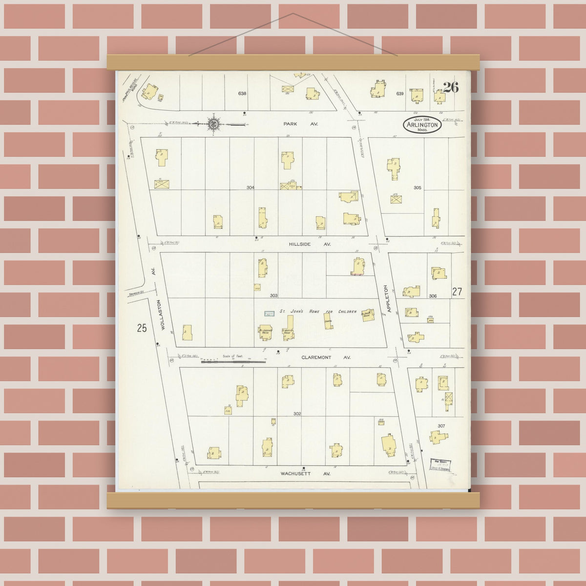 Old map wall art mockup — magnetic wood frame on brick wall — Sanborn Fire Insurance Map from Arlington, Middlesex County, Massachusetts (1914), Sheet #0026