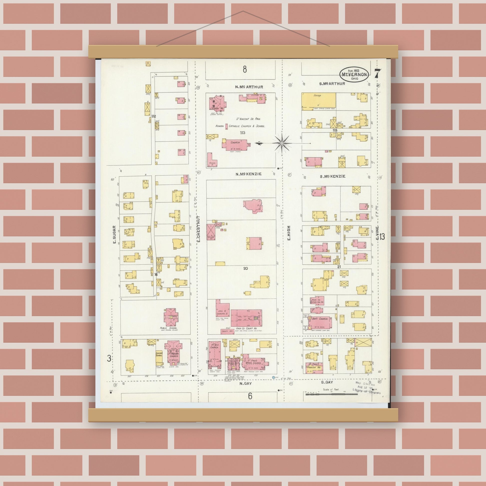 Old map wall art mockup — magnetic wood frame on brick wall — Sanborn Fire Insurance Map from Mount Vernon, Knox County, Ohio (1903), Sheet #0007