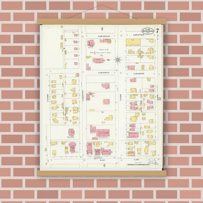 Old map wall art mockup — magnetic wood frame on brick wall — Sanborn Fire Insurance Map from Mount Vernon, Knox County, Ohio (1903), Sheet #0007