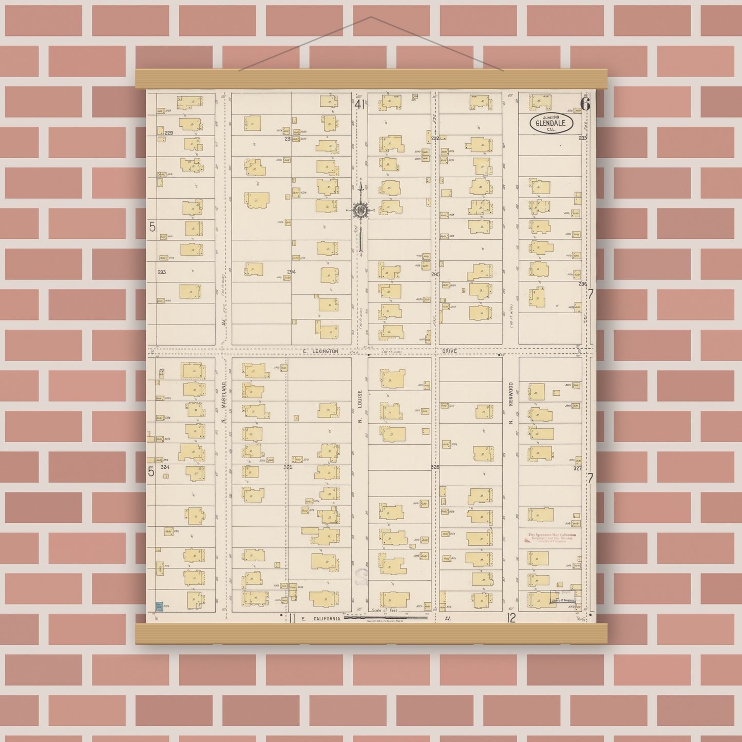 Old map wall art mockup — magnetic wood frame on brick wall — Sanborn Fire Insurance Map from Glendale, Los Angeles County, California (1919), Sheet #0006