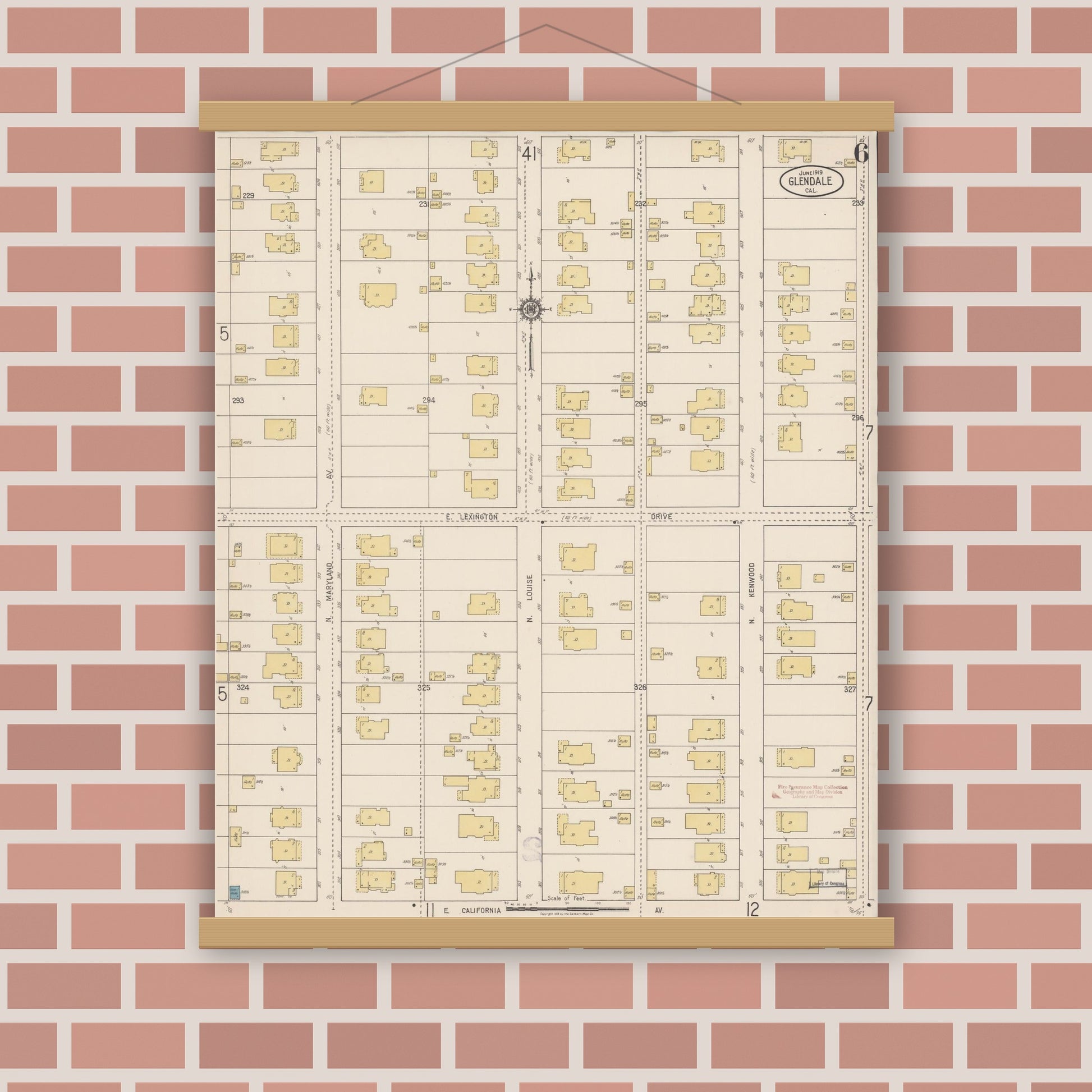 Old map wall art mockup — magnetic wood frame on brick wall — Sanborn Fire Insurance Map from Glendale, Los Angeles County, California (1919), Sheet #0006