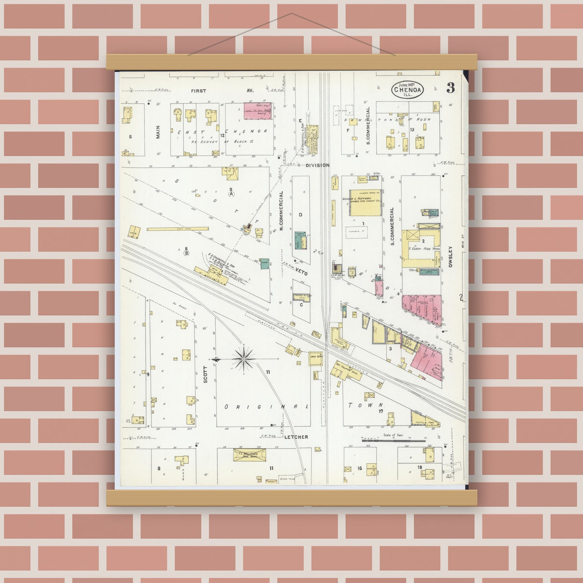 Old map wall art mockup — magnetic wood frame on brick wall — Sanborn Fire Insurance Map from Chenoa, McLean County, Illinois (1907), Sheet #0003