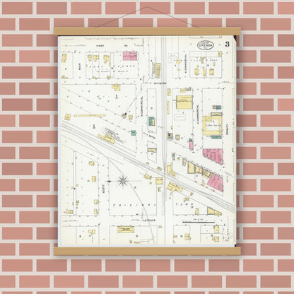 Old map wall art mockup — magnetic wood frame on brick wall — Sanborn Fire Insurance Map from Chenoa, McLean County, Illinois (1907), Sheet #0003