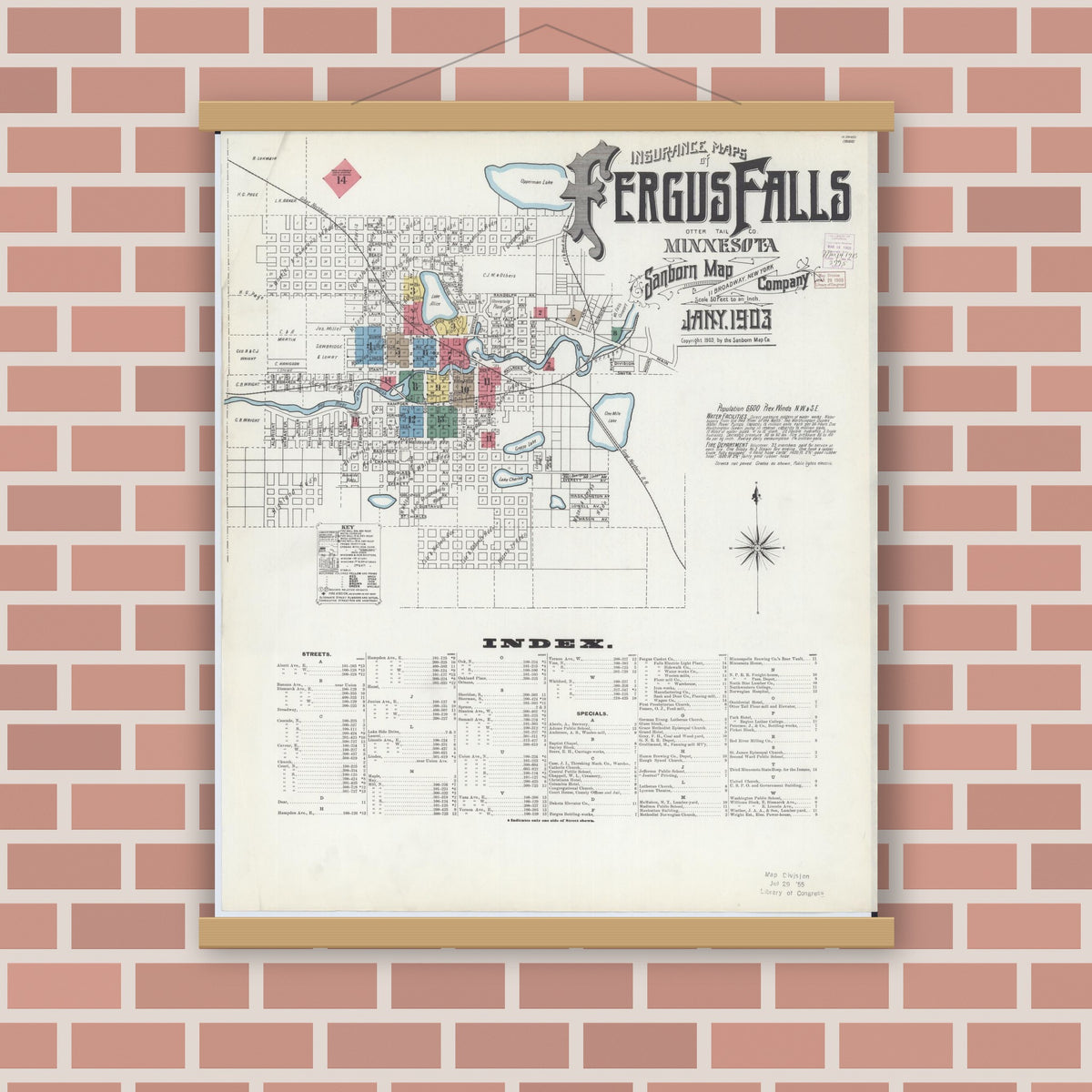 Old map wall art mockup — magnetic wood frame on brick wall — Sanborn Fire Insurance Map from Fergus Falls, Otter Tail County, Minnesota (1903), Sheet #0001