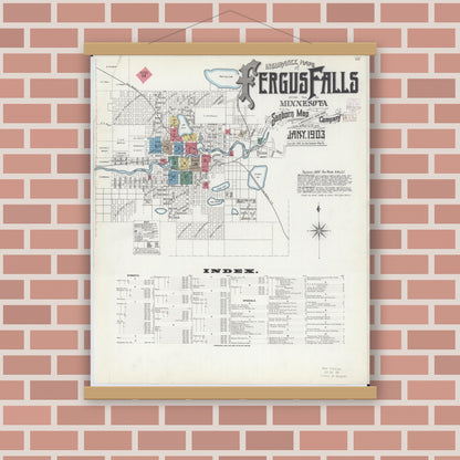 Old map wall art mockup — magnetic wood frame on brick wall — Sanborn Fire Insurance Map from Fergus Falls, Otter Tail County, Minnesota (1903), Sheet #0001