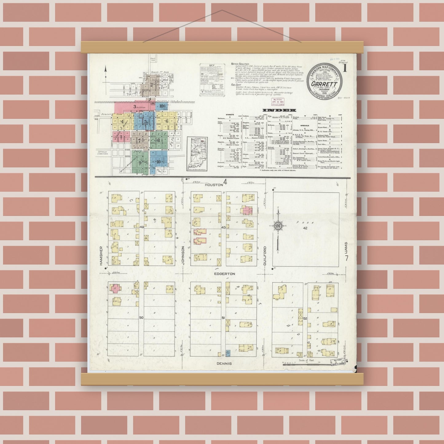 Old map wall art mockup — magnetic wood frame on brick wall — Sanborn Fire Insurance Map from Garrett, De Kalb County, Indiana (1914) - Complete Map Set