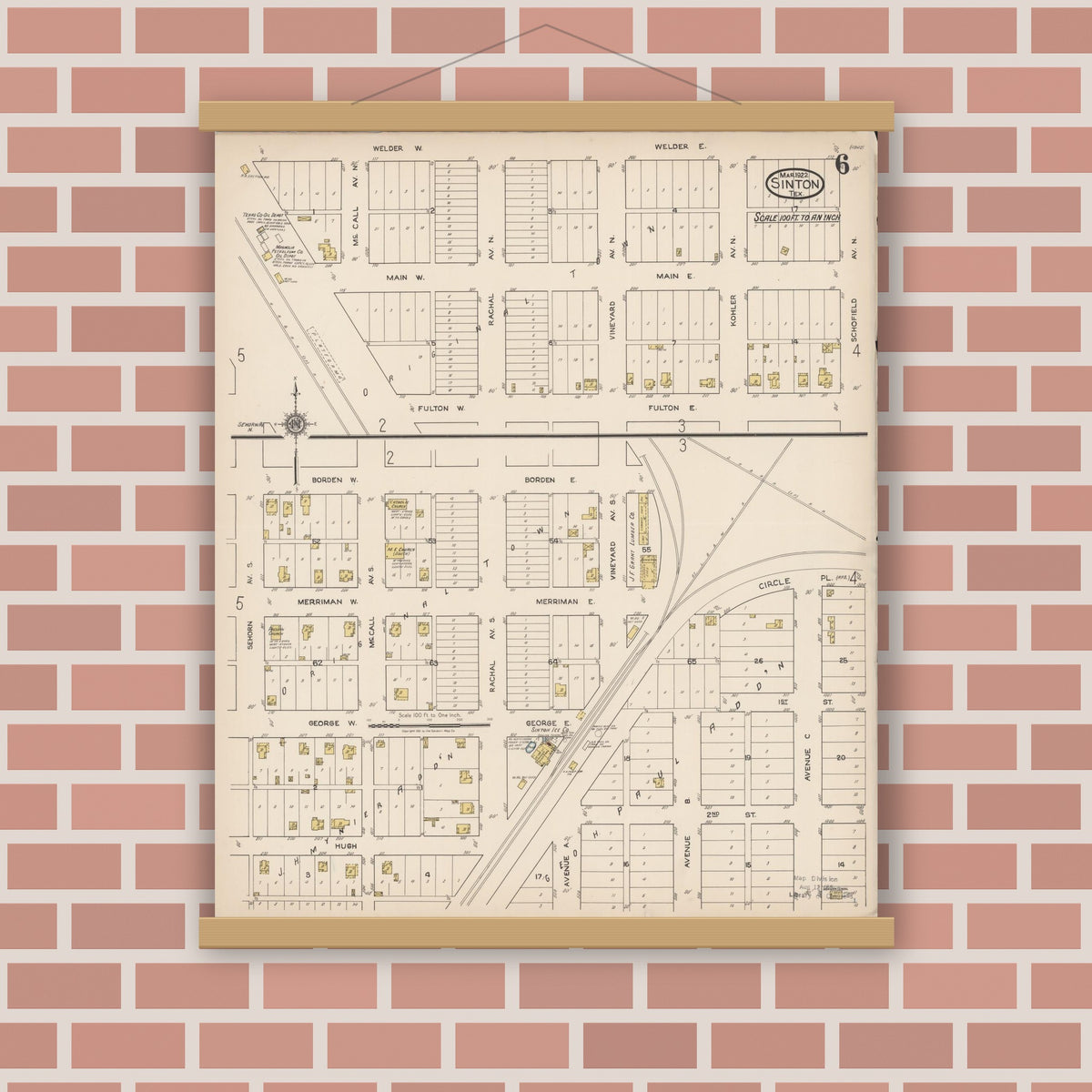 Old map wall art mockup — magnetic wood frame on brick wall — Sanborn Fire Insurance Map from Sinton, San Patricio County, Texas (1922), Sheet #0006