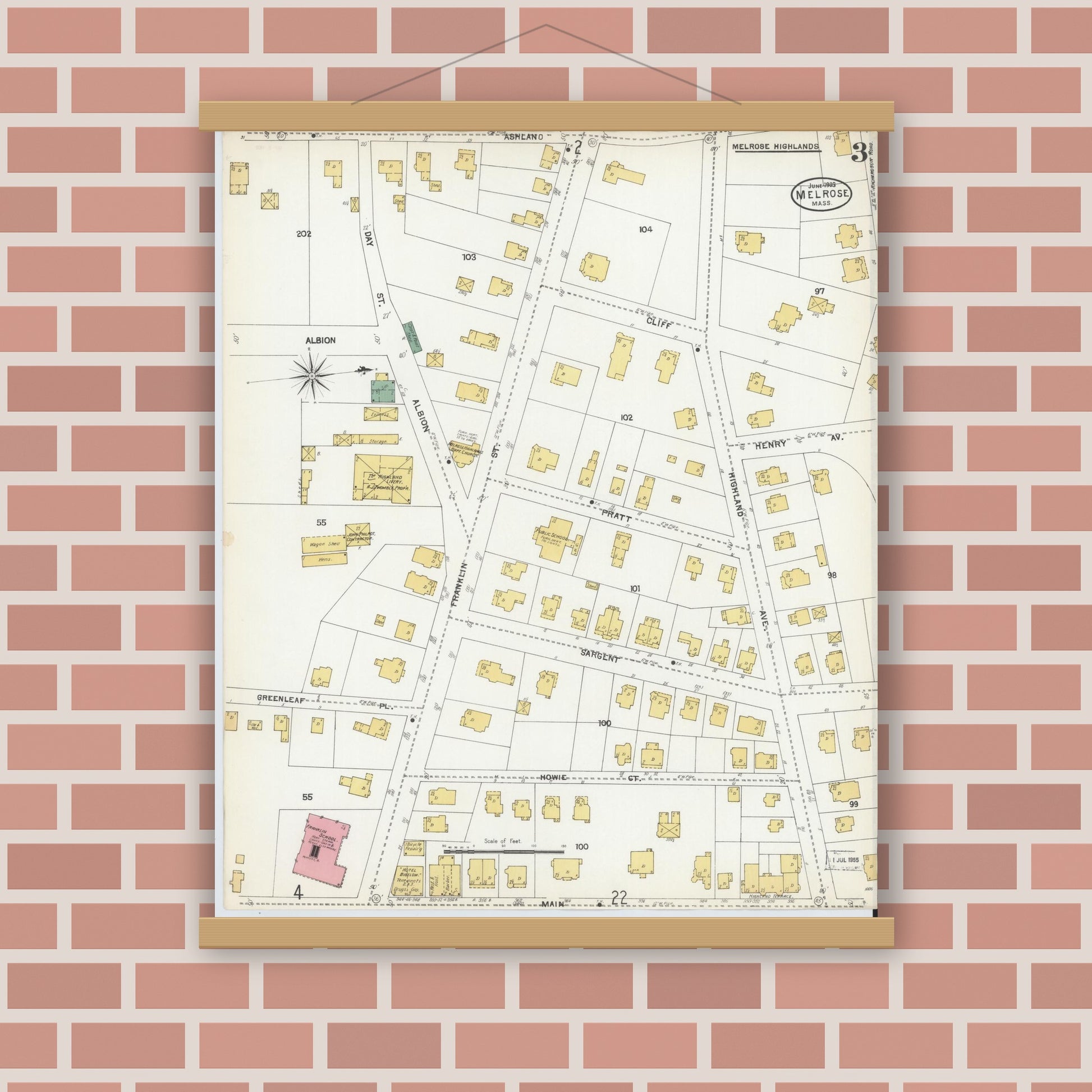 Old map wall art mockup — magnetic wood frame on brick wall — Sanborn Fire Insurance Map from Melrose, Middlesex County, Massachusetts (1903), Sheet #0003