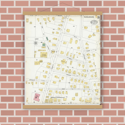 Old map wall art mockup — magnetic wood frame on brick wall — Sanborn Fire Insurance Map from Melrose, Middlesex County, Massachusetts (1903), Sheet #0003