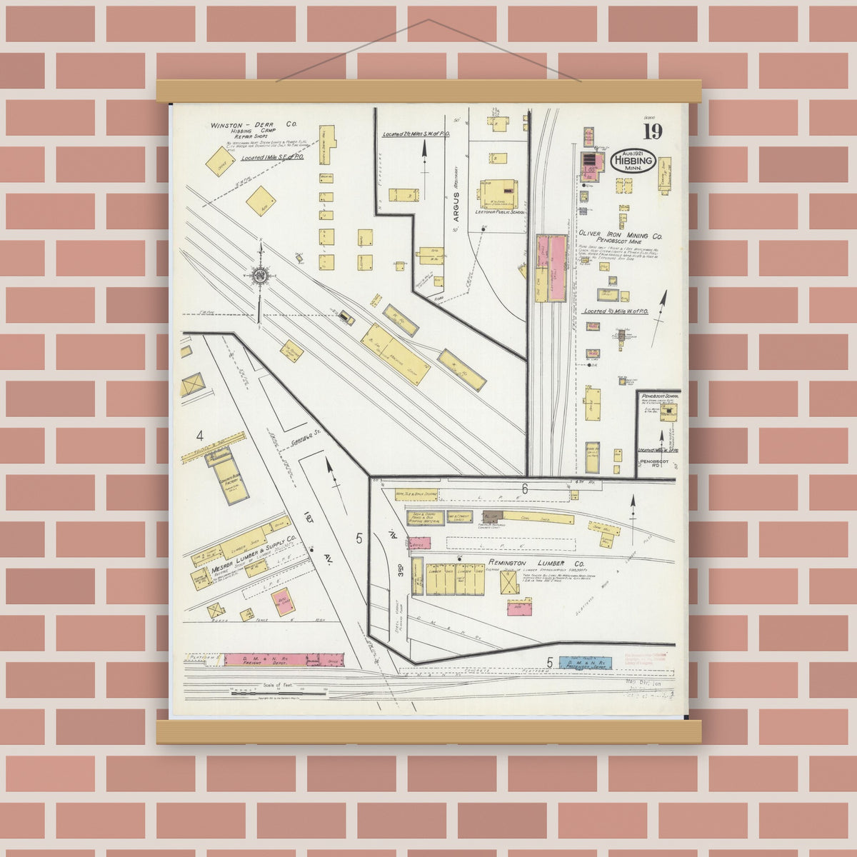 Old map wall art mockup — magnetic wood frame on brick wall — Sanborn Fire Insurance Map from Hibbing, Saint Louis County, Minnesota (1921), Sheet #0019