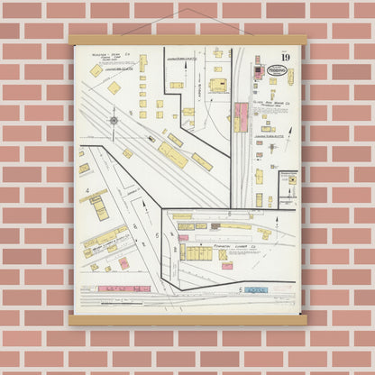 Old map wall art mockup — magnetic wood frame on brick wall — Sanborn Fire Insurance Map from Hibbing, Saint Louis County, Minnesota (1921), Sheet #0019